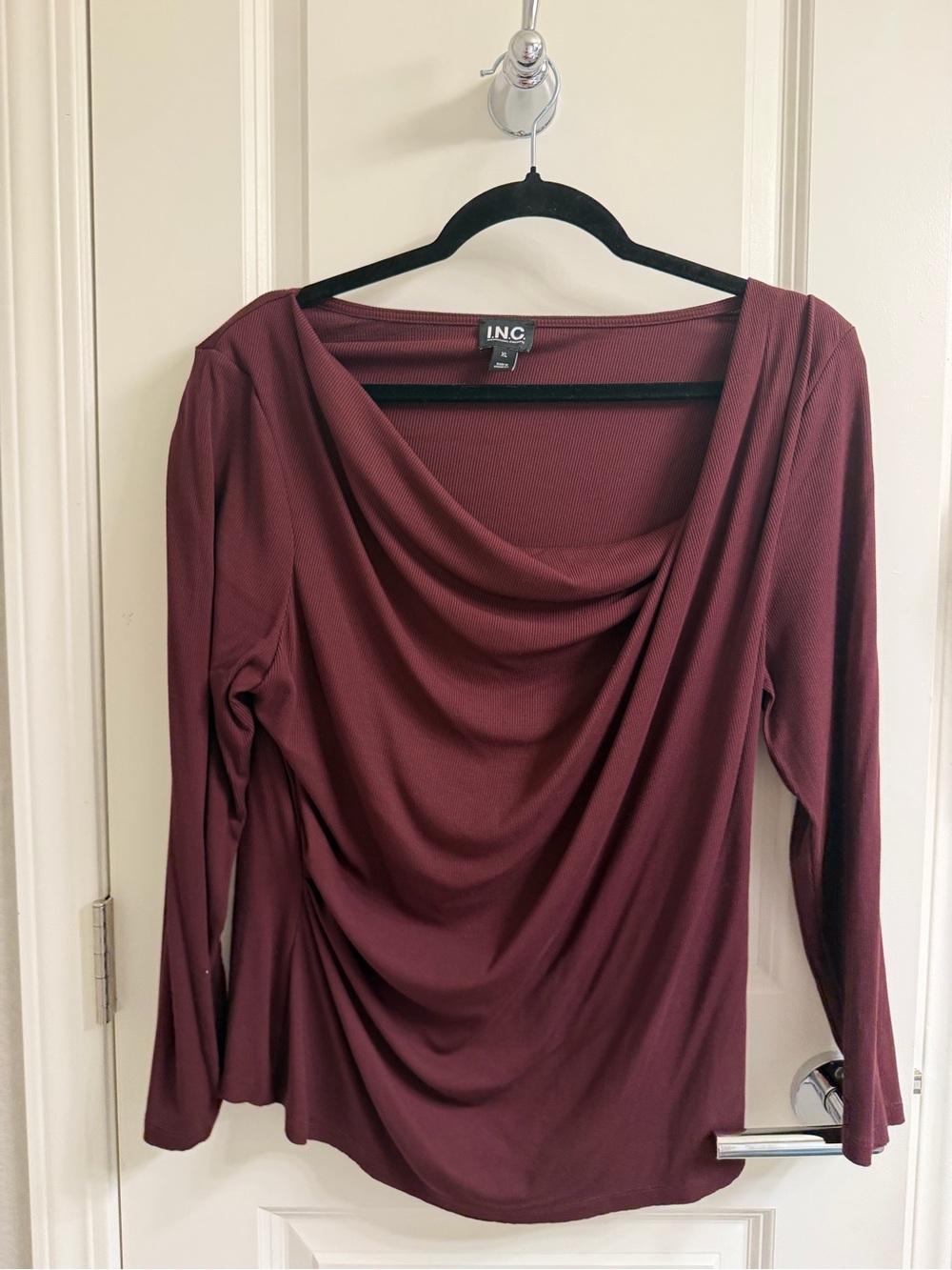 INC International Concepts Draped Long Sleeve Top - Burgundy